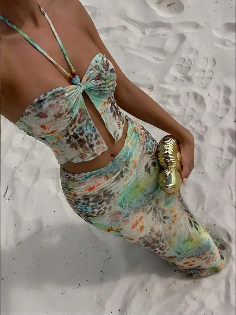 Multicolor Boho Women's Floral Leopard Print Semi-Sheer 3-Piece Set